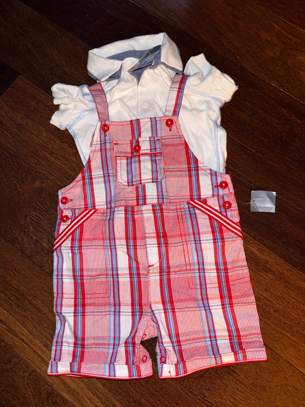 First Impressions Red & White Plaid Shortall Set